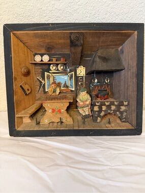 Vintage German Handcrafted Wooden Alpine Diorama Wall Art - Brown-Black